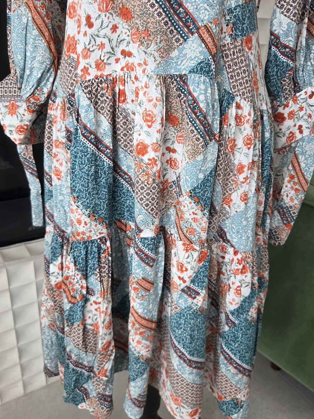 Jaase Patchwork Floral Tiered Midi Dress Boho Long Sleeve Teal Orange Size Small - Picture 3 of 10